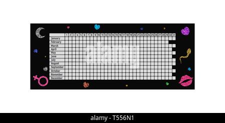 Menstrual period calendar. Monthly woman menstruation control. Vector illustration. Empty table. Bright icons on black background. Stock Vector