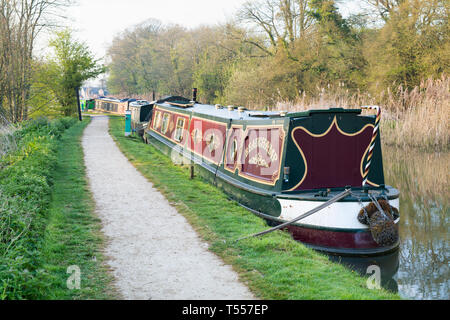 Canal boats on the oxford canal in the early morning spring sunlight. Thrupp, Oxfordshire, England Stock Photo