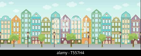 Street with colorful houses, trees and lanterns, seamless border, urban landscape, old city background. Multicolored European houses in row with blue  Stock Vector