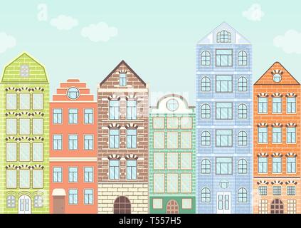 Seamless border with colorful houses, urban landscape, city background. Cute multicolored bright European brick houses stand in row with blue sky and  Stock Vector