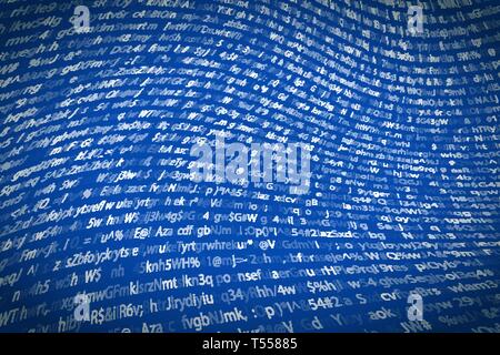 A lot of abstract complicated crypto symbols twisted on blue, data encryption binary code concept Stock Vector