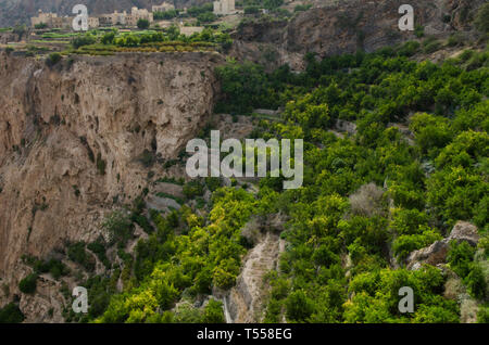 The green mountains called Jebel Akhdar of the Hajar mountain range, the harsh interior of Oman, home of traditional rose harvesting and fruit farming Stock Photo