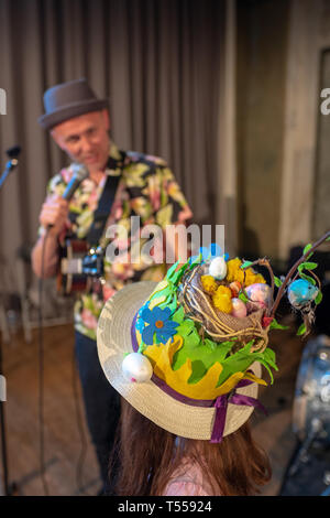 A child wearing a traditional Easter bonnet during an Easter egg hunt at Shoreditch Town Hall in London. Photo date: Saturday, April 20, 2019. Photo:  Stock Photo
