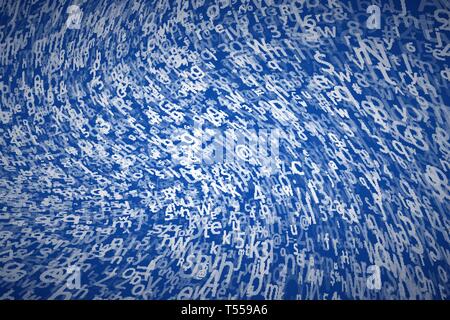 Many abstract chaotic complicated crypto symbols twisted on blue, data encryption binary code concept Stock Vector