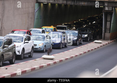 Bucharest, Romania - April 21, 2019: Cars in traffic in a passage seen from above, in Bucharest. Stock Photo