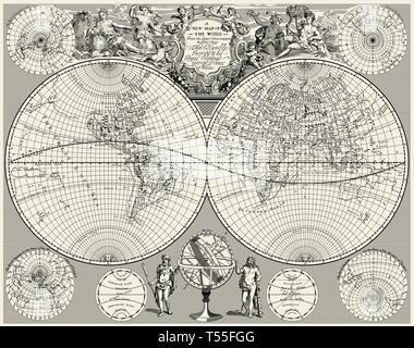 Antique World Map, North America, South America, China, Europe, Asia Stock Vector