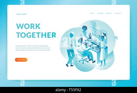Office workers work together. isometric vector illustration Stock Vector