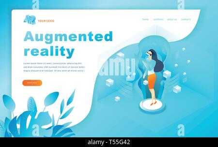 Isometric augmented virtual reality concept illustration. Website Template. Woman Stock Vector