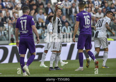 David Hancko of Fiorentina pulls on the shirt of Cristiano Ronaldo of  Juventus during the Serie A match at Allianz Stadium, Turin. Picture date:  20th April 2019. Picture credit should read: Jonathan