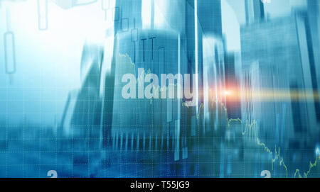 Universal finance abstract background Economic growth graph chart on futuristic city. Double exposure. Stock Photo