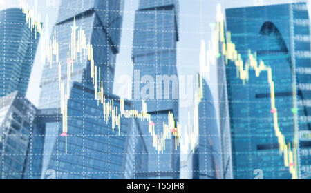 Abstract blurred double exposure of stock graph. Scalper trader trades graphics. Stock Photo