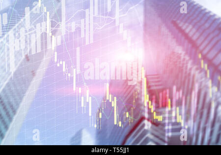 Universal finance abstract background Economic Trading growth graph chart on futuristic city. Double exposure. Stock Photo