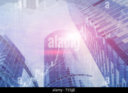 Universal finance abstract background Economic Trading growth graph chart on futuristic city. Double exposure. Stock Photo