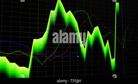 Financial stock market graph and bar chart price display on dark background. Stock Photo