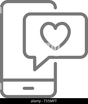 Phone with heart bubble, love chat, like message, positive feedback line icon. Stock Vector