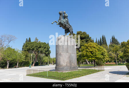 April 17, 2019. Athens Greece. Georgios Karaiskakis, greek revolution hero riding a horse statue at the city center, blue sky background, Stock Photo