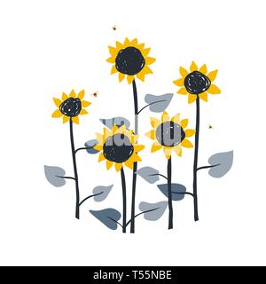 Doodle floral illustration with wild meadow sunflowers, isolated on white background. Vector element for sunflowers honey packaging, label or card Stock Vector
