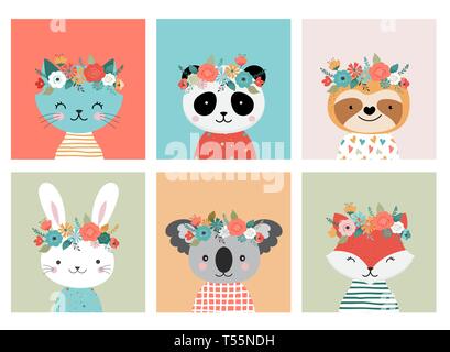 Cute animals heads with flower crown, vector illustrations for nursery design, poster or birthday greeting cards. Panda, llama, fox, koala, cat, dog,  Stock Vector