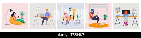 Working at home, coworking space, concept illustration. Young people, man and woman freelancers working at home. Vector flat style illustration Stock Vector
