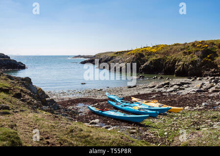 Sea kayaks beached in a small rocky cove on west coast. Rhoscolyn, Holy Island, Isle of Anglesey, North Wales, UK, Britain Stock Photo