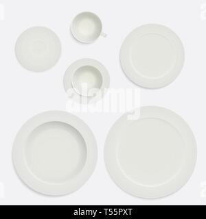 Set realistic plates, cup and saucer creamy color. Kitchen utensils isolated on white background - vector Stock Vector