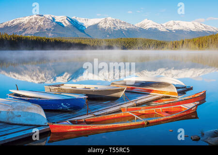 Canoes on Patricia Lake in Jasper National Park, Alberta, Canada Stock Photo