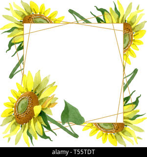 Sunflower wreath, golden round frame of yellow flowers, hand painted ...