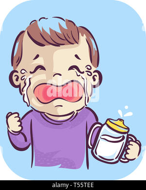 Illustration of a Kid Boy Toddler Crying and Holding His Milk Stock Photo