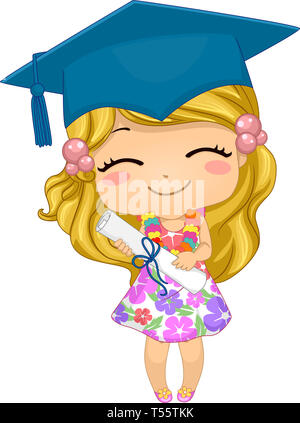 Illustration of a Kid Girl Wearing Floral Dress and Graduation Cap, Holding a Certificate Stock Photo