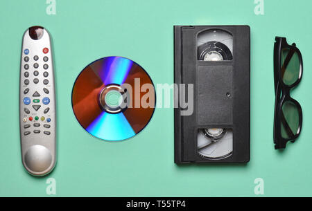 Remote from the TV, 3d glasses, CD drive, vhs on mint color pastel background. Retro technology. Stock Photo