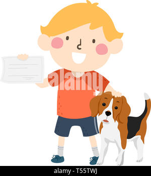 Illustration of a Kid Boy Holding a Beagle and an Adoption Certificate Stock Photo