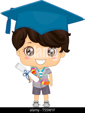 Illustration of a Kid Boy with Floral Sash Wearing Graduation Cap and Holding Diploma Stock Photo