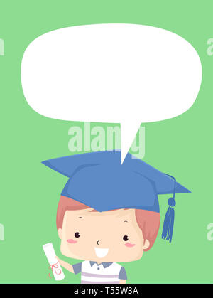 Illustration of a Kid Boy Wearing a Graduation Cap and Holding a Certificate with Blank Speech Bubble Stock Photo