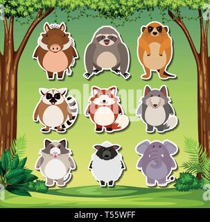 Set of exotic animal sticker illustration Stock Vector