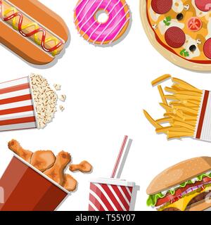 Tasty burger, red striped paper glass with drinking straw, french fries in white paper box, chicken legs in bucket, popcorn, pizza and hotdog. Fast fo Stock Vector