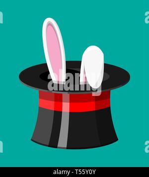 Magic hat with easter bunny ears. Illusionist hat with rabbit. Circus, magical show, comedy. Vector illustration in flat style Stock Vector