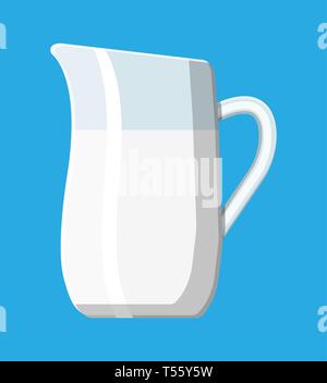 Ceramic jug with milk isolated on blue. Milk dairy drink. Organic healthy product. Vector illustration in flat style Stock Vector