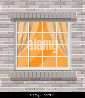 Building facade. Wooden classic window in brick wall. Architecture, building and construction. Vector illustration in flat style Stock Vector