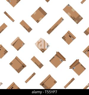 Seamless cardboard boxes set pattern. Carton delivery packaging open and closed box with fragile signs. Vector illustration in flat style Stock Vector
