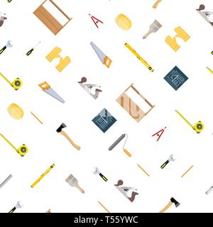 Seamless construction tools set pattern. Axe, hammer, helmet, gloves, toolbox, brush, tape wrench and ruler. Building, carpentry worker instruments. V Stock Vector
