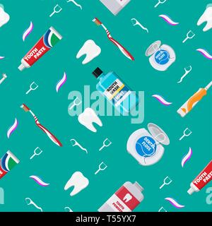 Dental cleaning tools seamless pattern. Oral care hygiene products. Toothbrush, toothpaste, mouthwash, tongue brush, powder, tongue scraper dental flo Stock Vector
