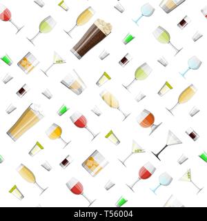 Alcohol drinks collection in glasses seamless pattern. Vodka champagne wine whiskey beer brandy tequila cognac liquor vermouth gin rum absinthe sambuc Stock Vector