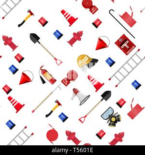 Seamless firefighting set pattern. Fire protection equipment. Shovel, extinguisher, hook, hose, helmet, hydrant, axe and ladder. Vector illustration i Stock Vector