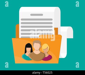 Personal yellow folder with document paper roll. People avatar face symbol inside. Ring binder full of business papers. Auditing, tax process, account Stock Vector