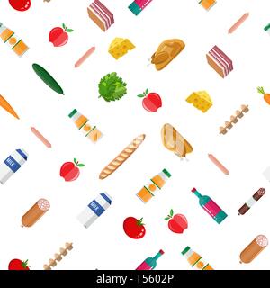 Seamless grocery set pattern. Meat, fish, salad, bread, milk products, orange juice, cucumber, tomato bacon wine chicken and apple. Food shopping. Vec Stock Vector