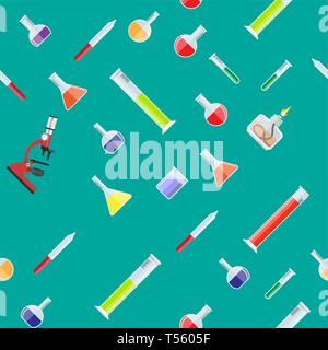 Seamless laboratory equipment pattern. Jars, beakers, flasks, microscope, spirit lamp, pipette. Biology science education medical. Vector illustration Stock Vector