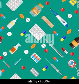 Vector seamless medical background. Medicine pills capsules and bottles and healthcare devices on green background. Tablets in flat style. Vector illu Stock Vector