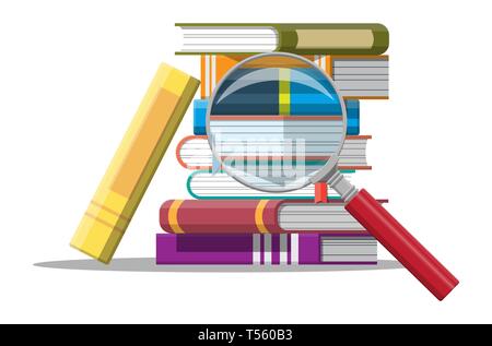 Pile of books and magnifying glass. Reading education, e-book, literature, encyclopedia. Vector illustration in flat style Stock Vector