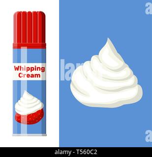 Whipped cream in aerosol can isolated on white. Dairy milk product. Organic healthy product. Vector illustration in flat style Stock Vector