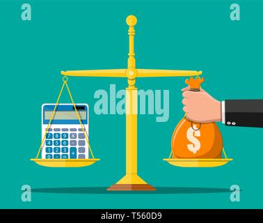 Money balance concept. Hand with money bag, calculator, scales. Financial reports statement and documents. Accounting, bookkeeping, debit and credit c Stock Vector